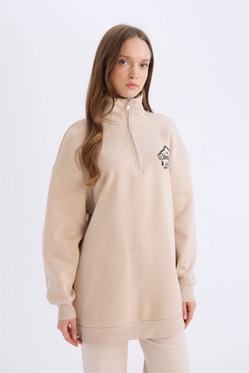 FEMME Beige Clair Sweatshirt à col haut zippé avec imprimé Coupe relax