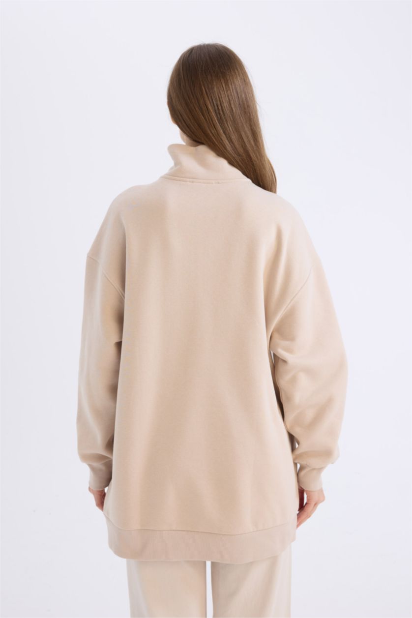 FEMME Beige Clair Sweatshirt à col haut zippé avec imprimé Coupe relax