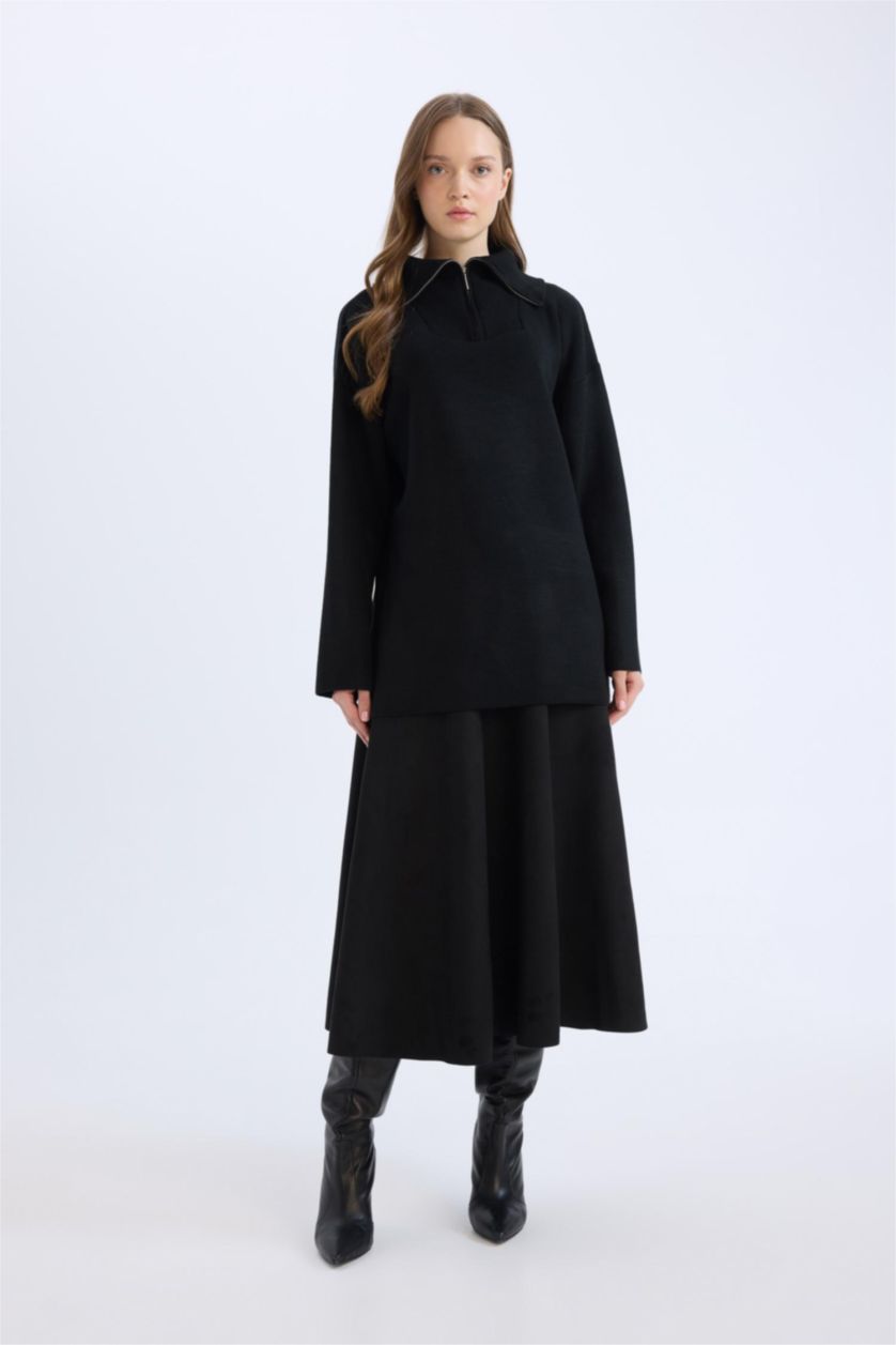 Kadın Siyah A Kesim Basic Düz Süet Midi Etek