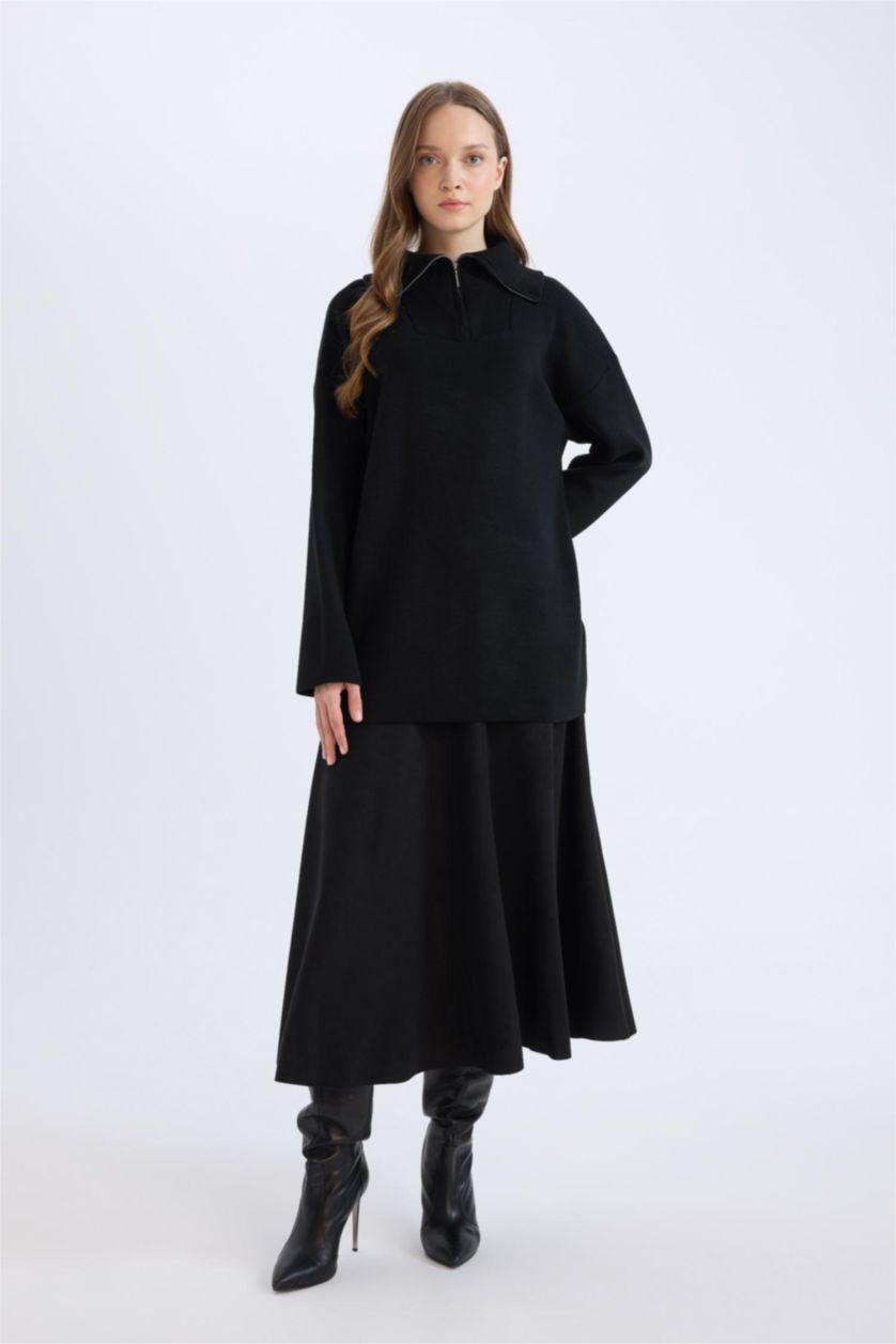 Kadın Siyah A Kesim Basic Düz Süet Midi Etek