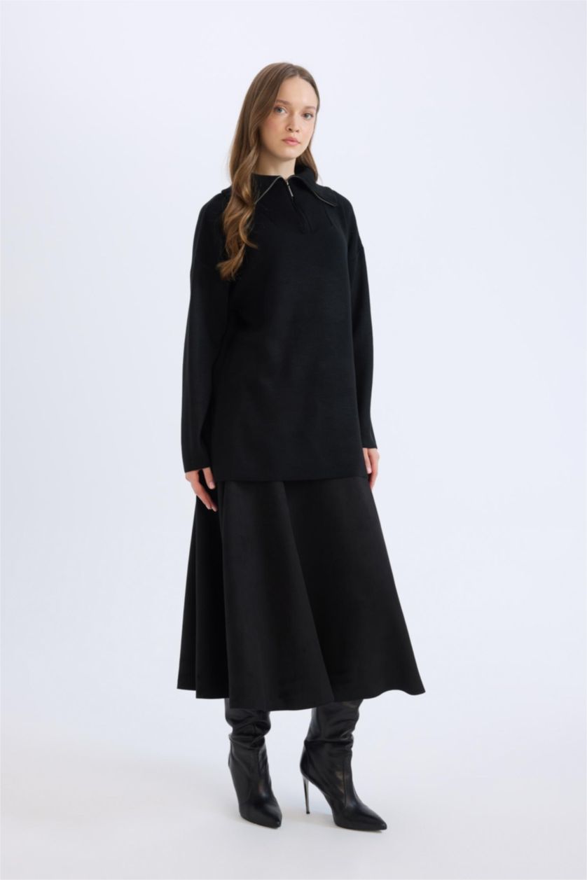 Kadın Siyah A Kesim Basic Düz Süet Midi Etek