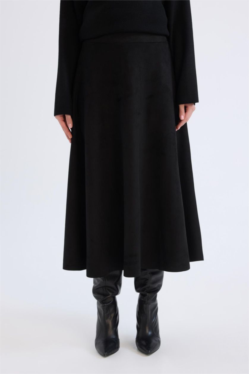Kadın Siyah A Kesim Basic Düz Süet Midi Etek