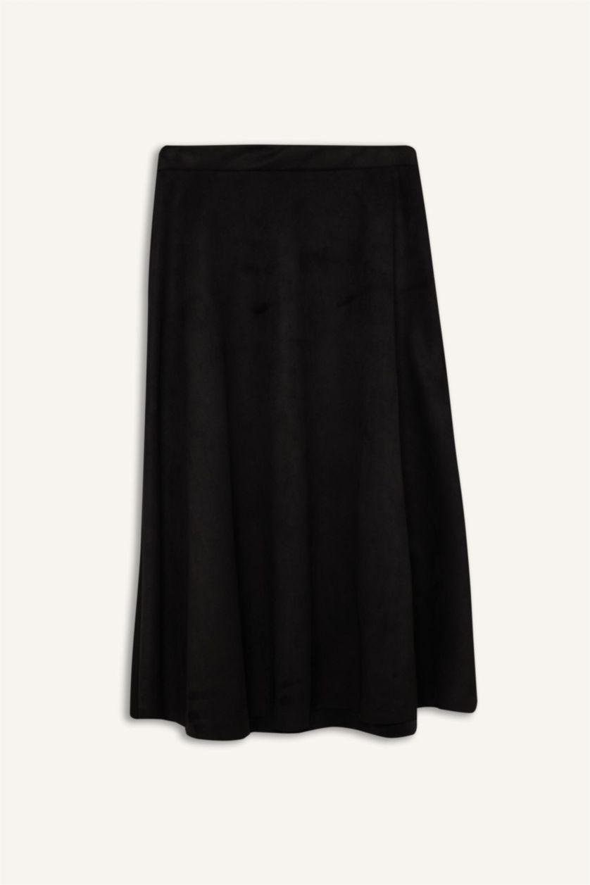 Kadın Siyah A Kesim Basic Düz Süet Midi Etek