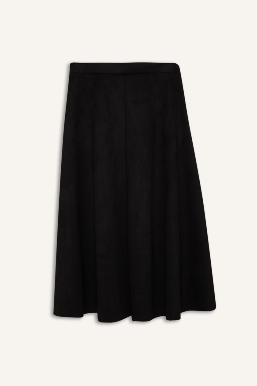 Kadın Siyah A Kesim Basic Düz Süet Midi Etek