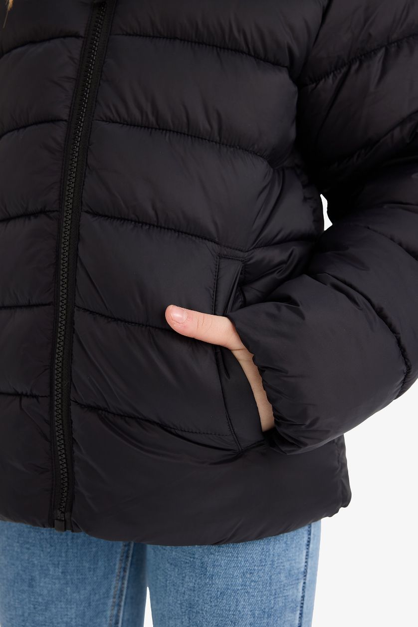 Kız Çocuk - Genç Kız Siyah Su Geçirmez Kapüşonlu Fermuarlı Şişme Mont Kız Çocuk