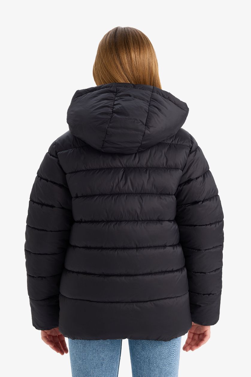 Kız Çocuk - Genç Kız Siyah Su Geçirmez Kapüşonlu Fermuarlı Şişme Mont Kız Çocuk