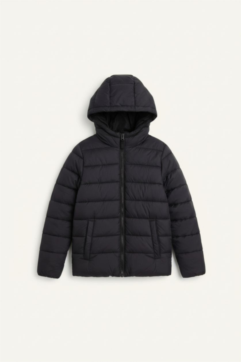 Kız Çocuk - Genç Kız Siyah Su Geçirmez Kapüşonlu Fermuarlı Şişme Mont Kız Çocuk