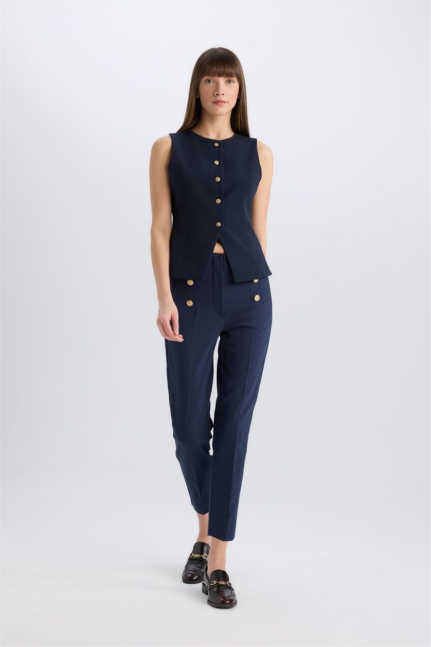 Woman NAVY Skinny Fit High Waist Buttoned Straight Leg Trousers