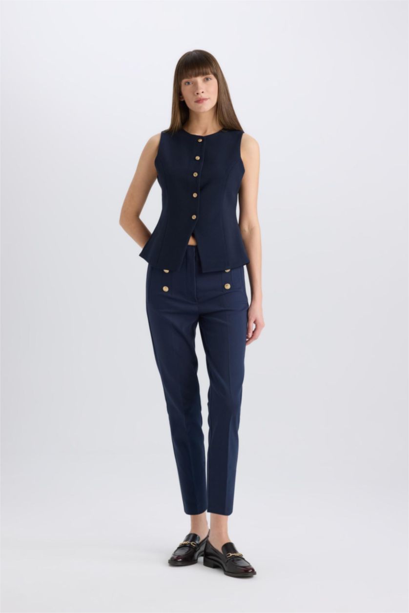 Woman NAVY Skinny Fit High Waist Buttoned Straight Leg Trousers