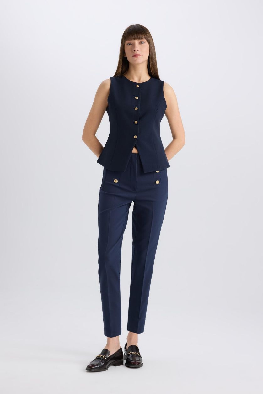 Woman NAVY Skinny Fit High Waist Buttoned Straight Leg Trousers