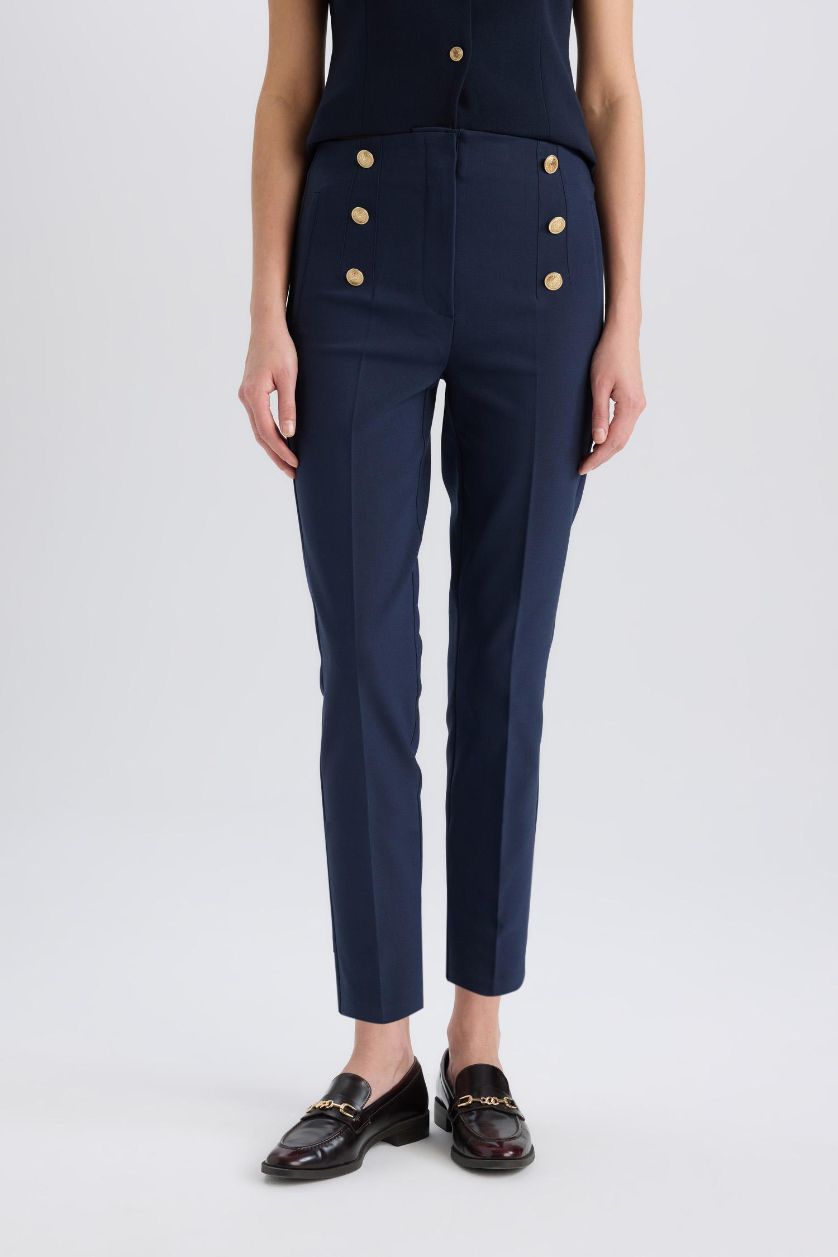 Woman NAVY Skinny Fit High Waist Buttoned Straight Leg Trousers