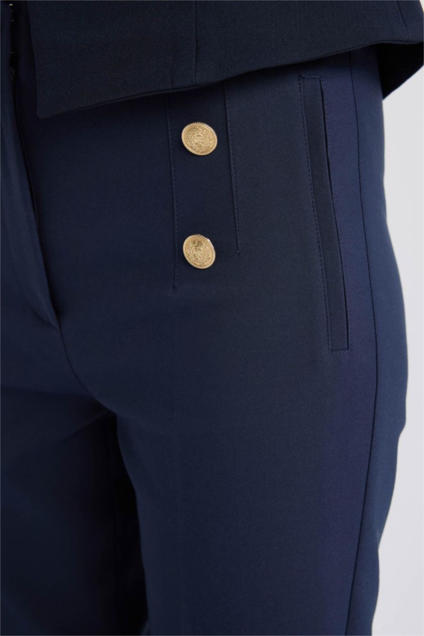 Woman NAVY Skinny Fit High Waist Buttoned Straight Leg Trousers