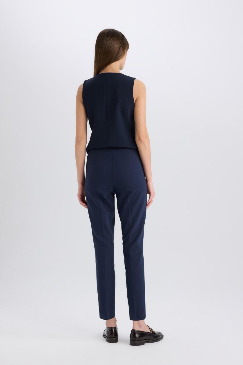 Woman NAVY Skinny Fit High Waist Buttoned Straight Leg Trousers