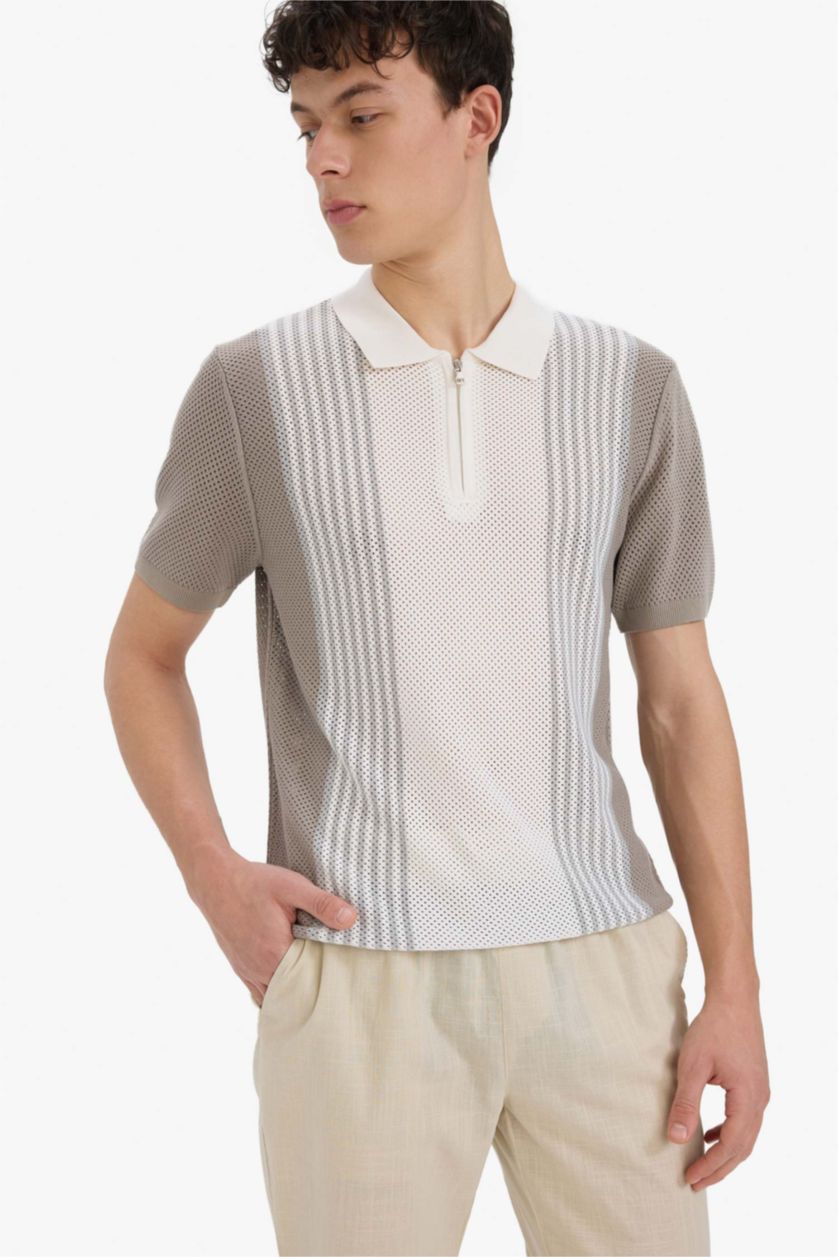 Erkek Vizon Standart Fit Polo Yaka Yarım Fermuarlı Triko Kısa Kollu Tişört