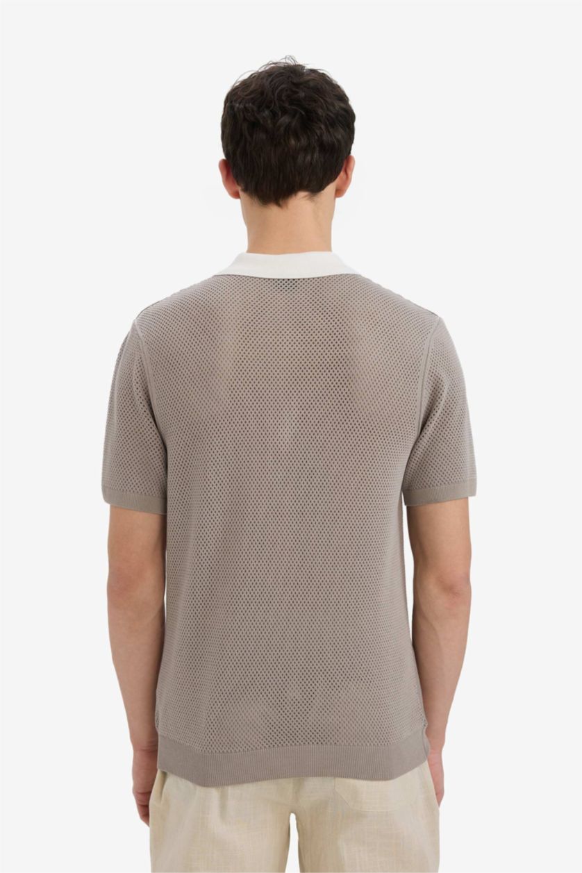 Erkek Vizon Standart Fit Polo Yaka Yarım Fermuarlı Triko Kısa Kollu Tişört