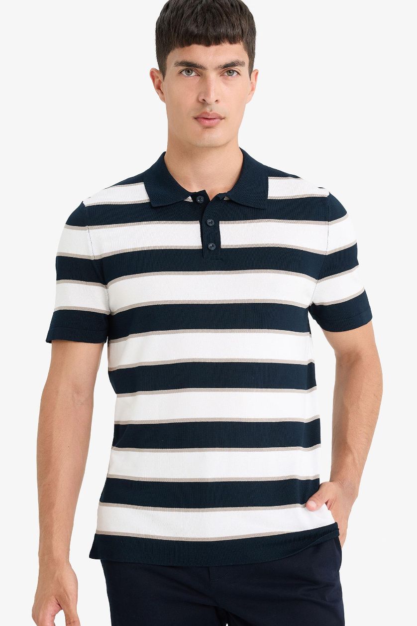 Erkek Lacivert Standart Fit Polo Yaka Çizgili Kısa Kollu Triko Tişört