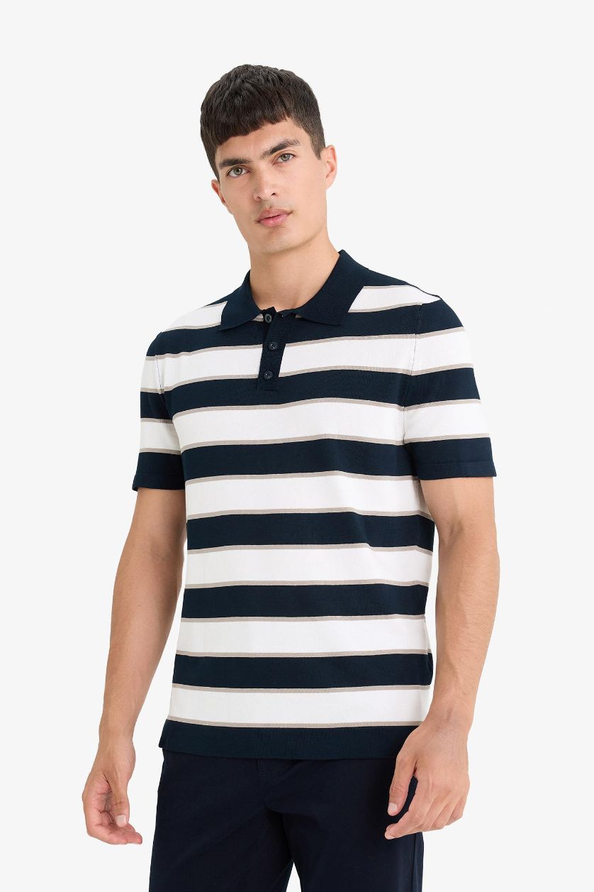 Erkek Lacivert Standart Fit Polo Yaka Çizgili Kısa Kollu Triko Tişört