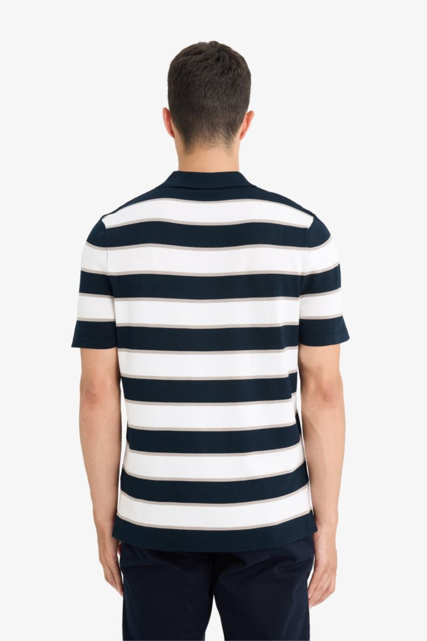 Erkek Lacivert Standart Fit Polo Yaka Çizgili Kısa Kollu Triko Tişört