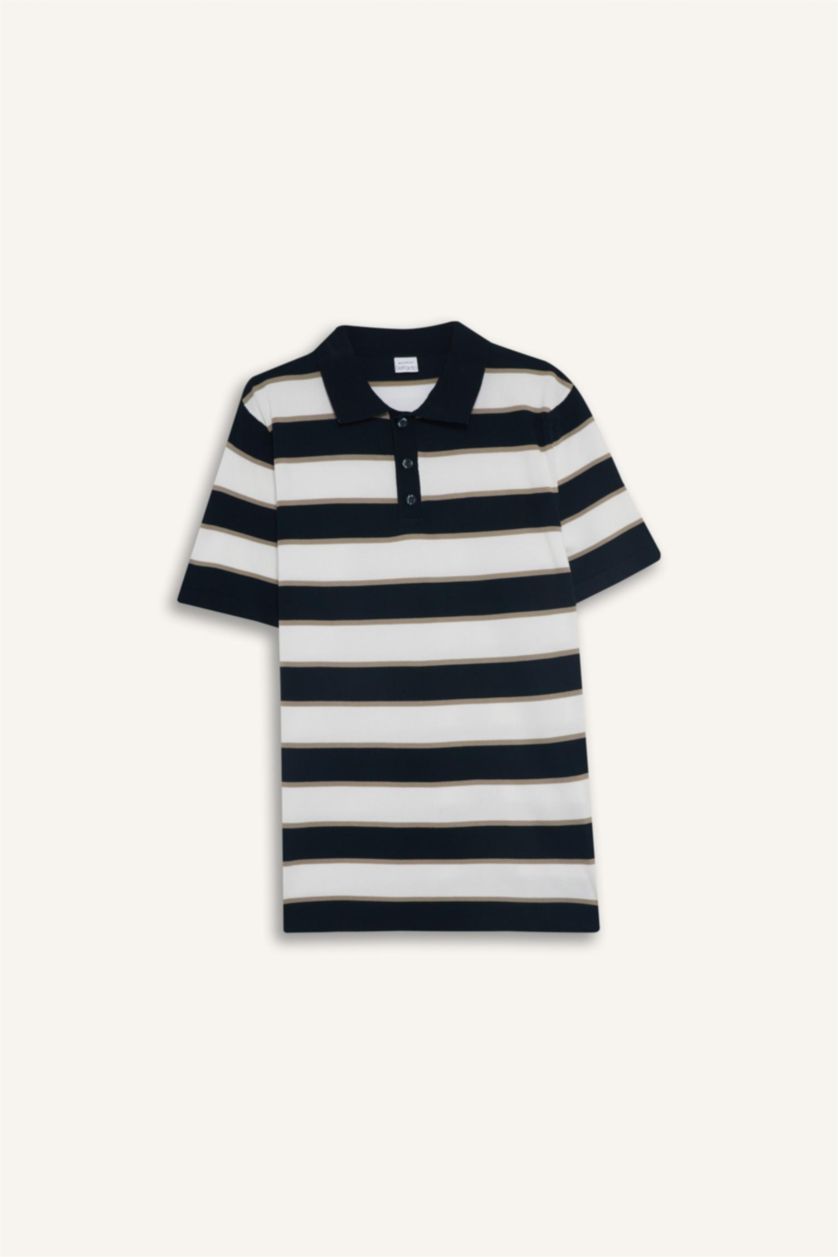 Erkek Lacivert Standart Fit Polo Yaka Çizgili Kısa Kollu Triko Tişört