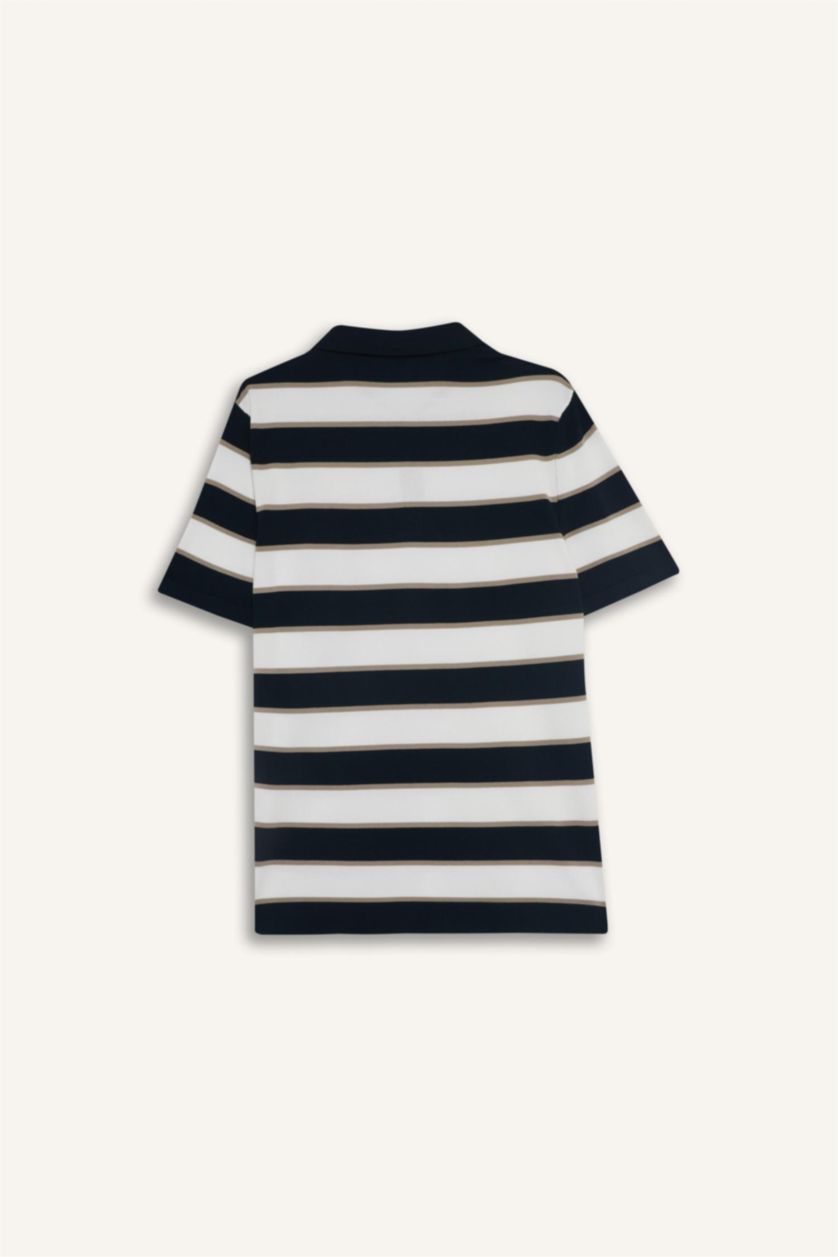 Erkek Lacivert Standart Fit Polo Yaka Çizgili Kısa Kollu Triko Tişört