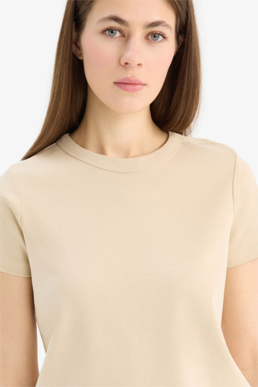 Kadın Kum Regular Fıt Bisiklet Yaka Basıc Düz Kısa Kollu Tişört