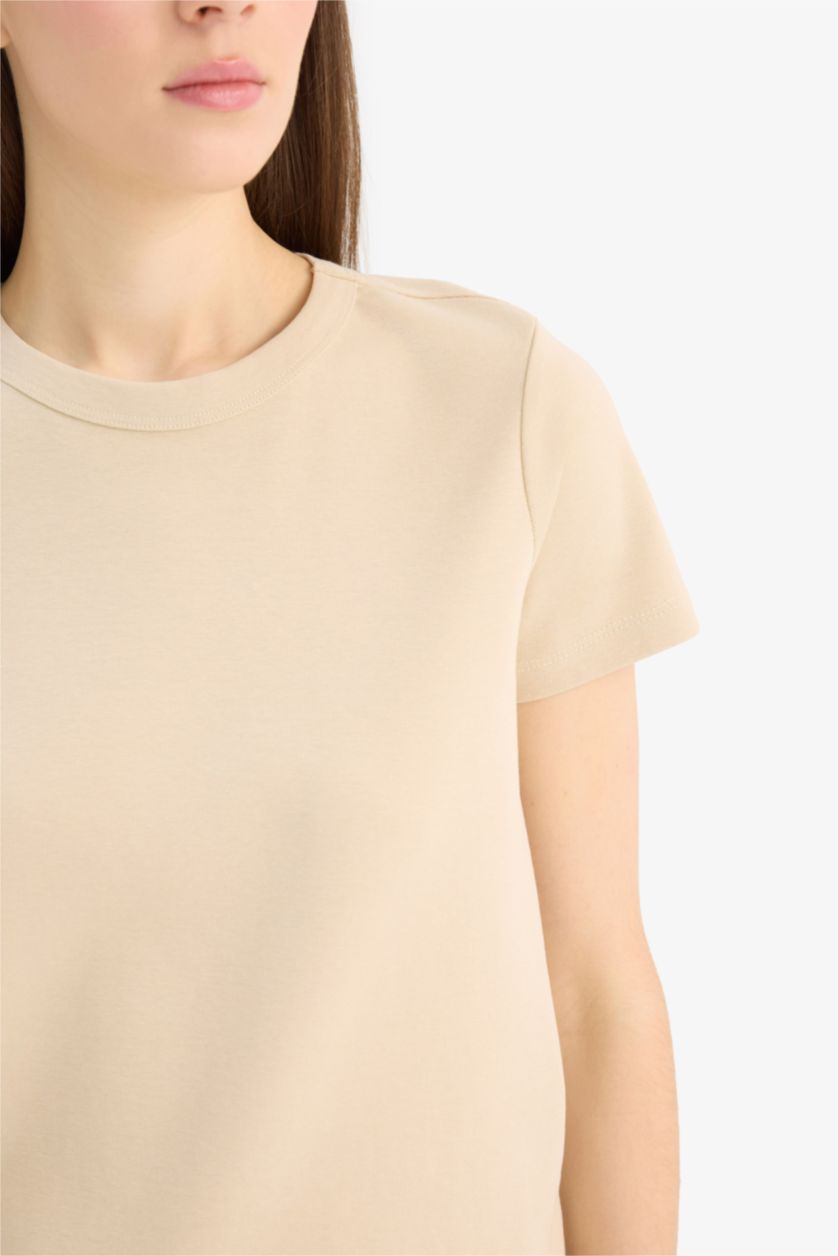 Kadın Kum Regular Fıt Bisiklet Yaka Basıc Düz Kısa Kollu Tişört