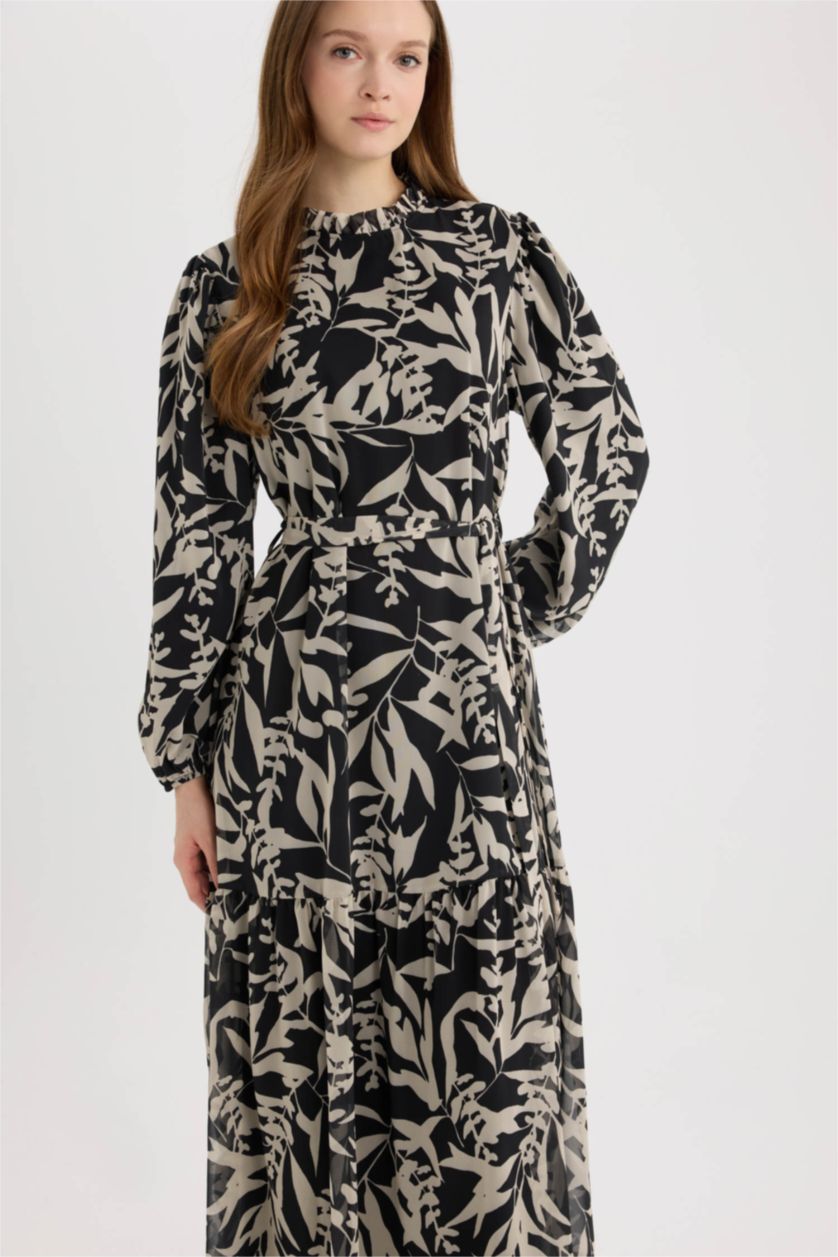 Woman Black Crew Neck Patterned Chiffon Long Sleeve Maxi Dress