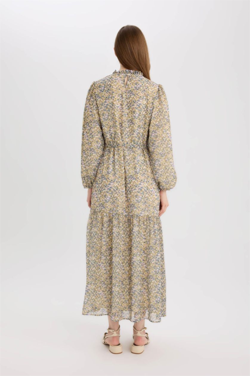 Kadın Açık Yeşil Bisiklet Yaka Desenli Kuşaklı Şifon Uzun Kollu Maxi Elbise