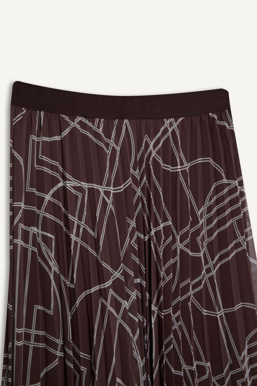 Kadın Kahve Desenli Pilise Şifon Maxi Tesettür Etek