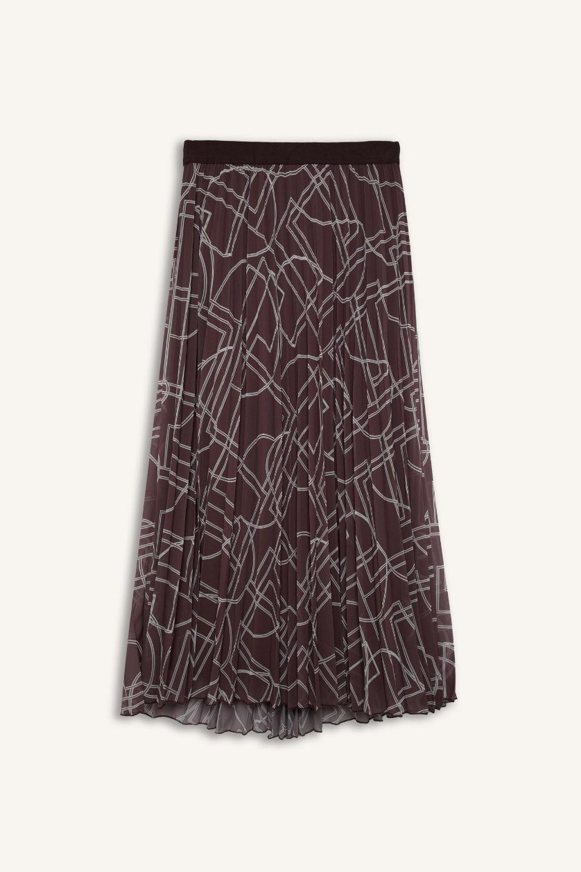 Kadın Kahve Desenli Pilise Şifon Maxi Tesettür Etek