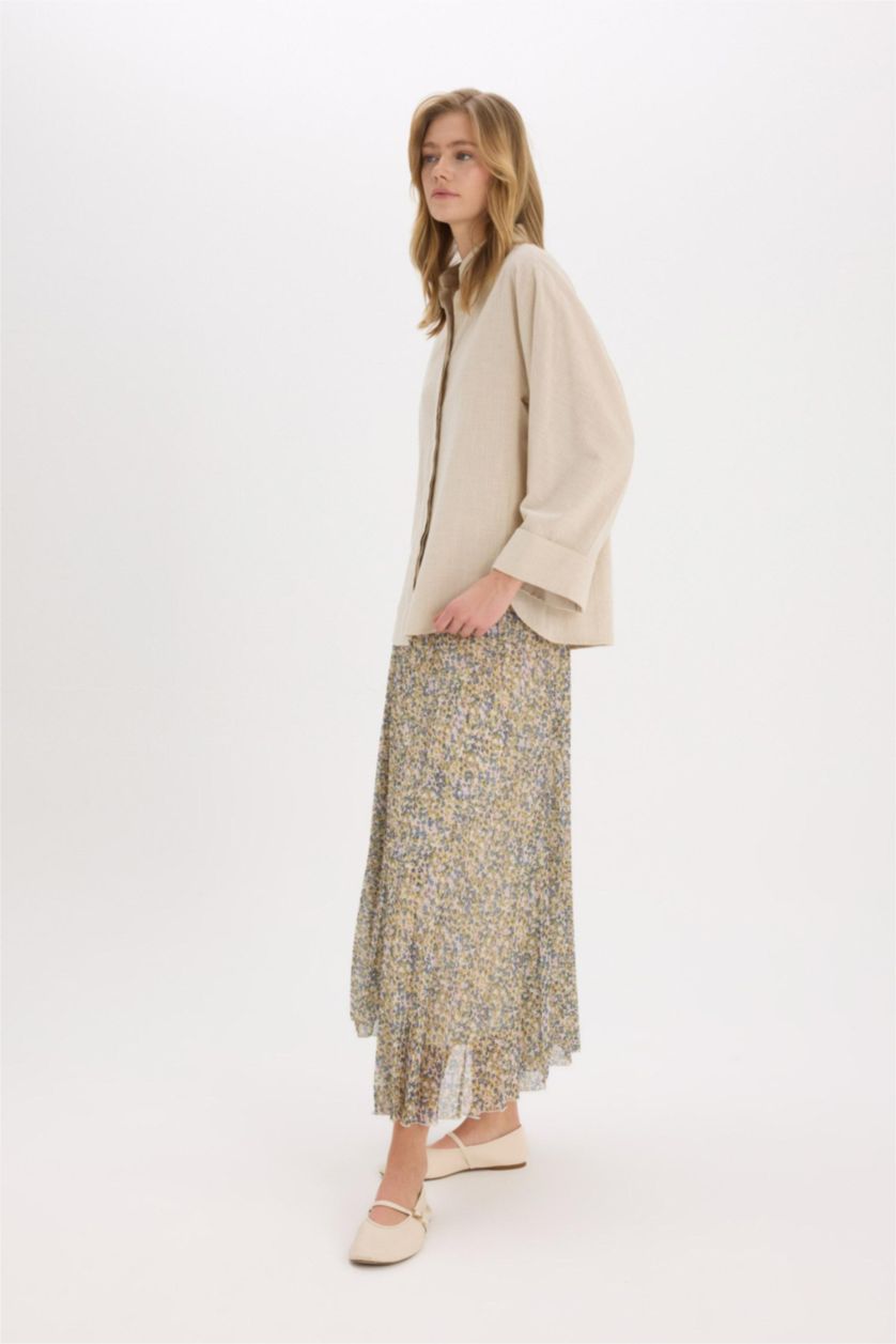 Kadın Açık Yeşil Pilise Desenli Şifon Maxi Etek