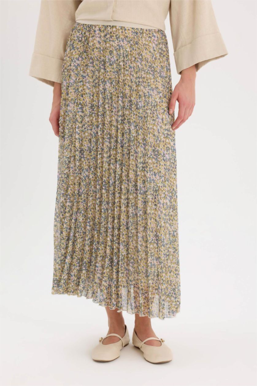 Kadın Açık Yeşil Pilise Desenli Şifon Maxi Etek