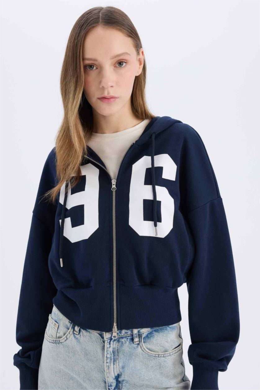 Kadın Lacivert Oversize Geniş Kalıp Kapüşonlu Baskılı Kalın Fermuarlı Sweatshirt