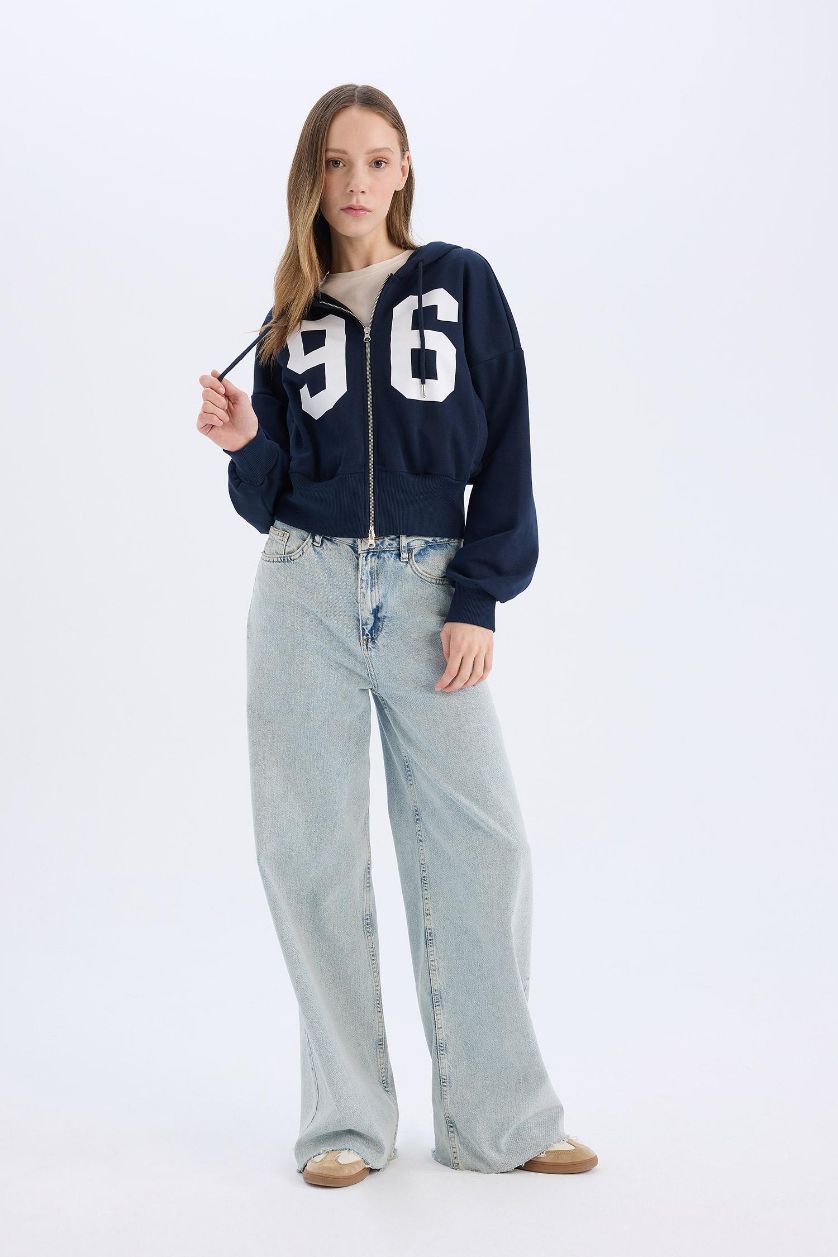 Kadın Lacivert Oversize Geniş Kalıp Kapüşonlu Baskılı Kalın Fermuarlı Sweatshirt