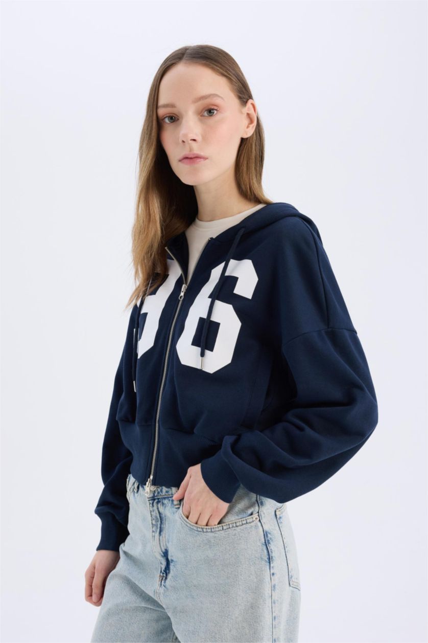 Kadın Lacivert Oversize Geniş Kalıp Kapüşonlu Baskılı Kalın Fermuarlı Sweatshirt