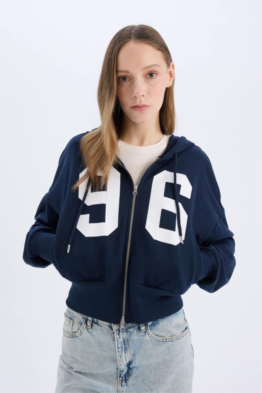 Kadın Lacivert Oversize Geniş Kalıp Kapüşonlu Baskılı Kalın Fermuarlı Sweatshirt