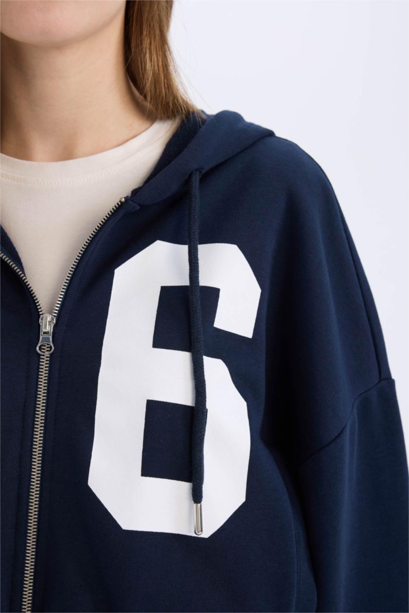 Kadın Lacivert Oversize Geniş Kalıp Kapüşonlu Baskılı Kalın Fermuarlı Sweatshirt