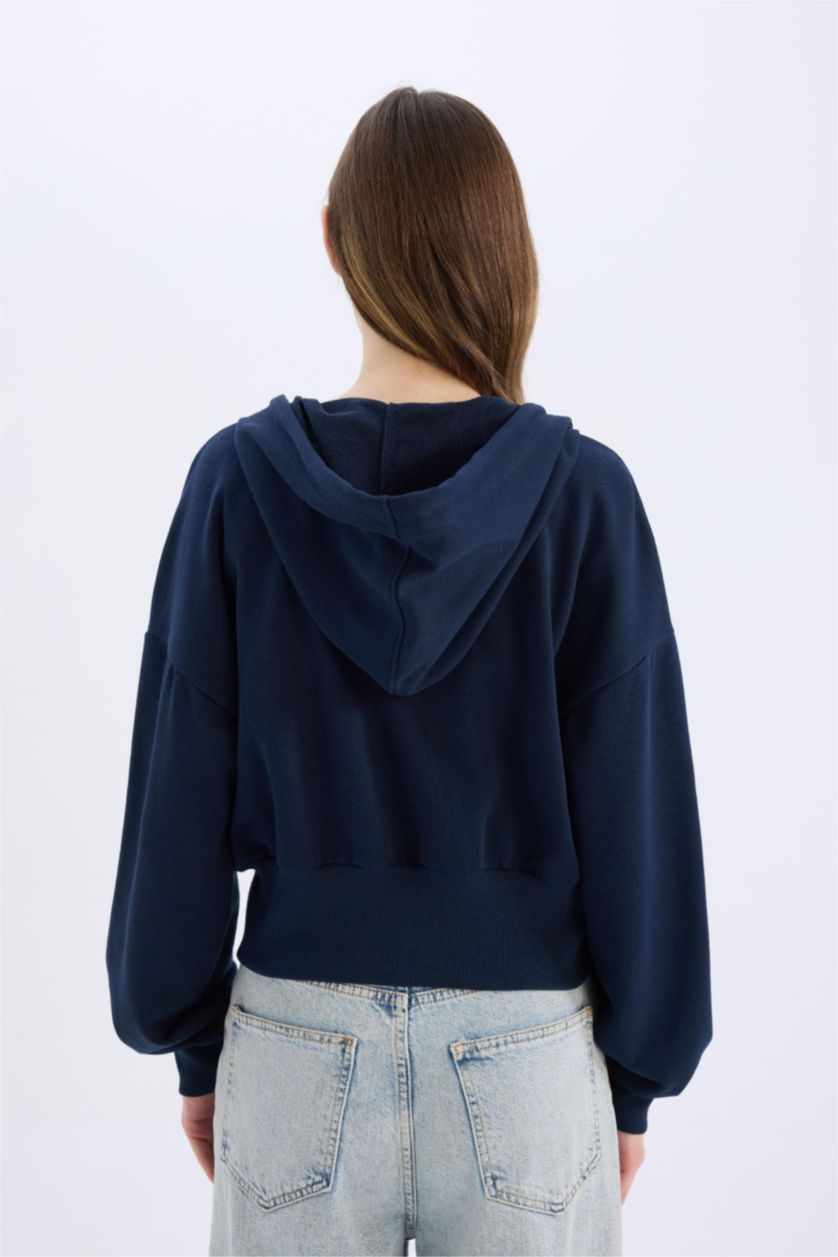 Kadın Lacivert Oversize Geniş Kalıp Kapüşonlu Baskılı Kalın Fermuarlı Sweatshirt