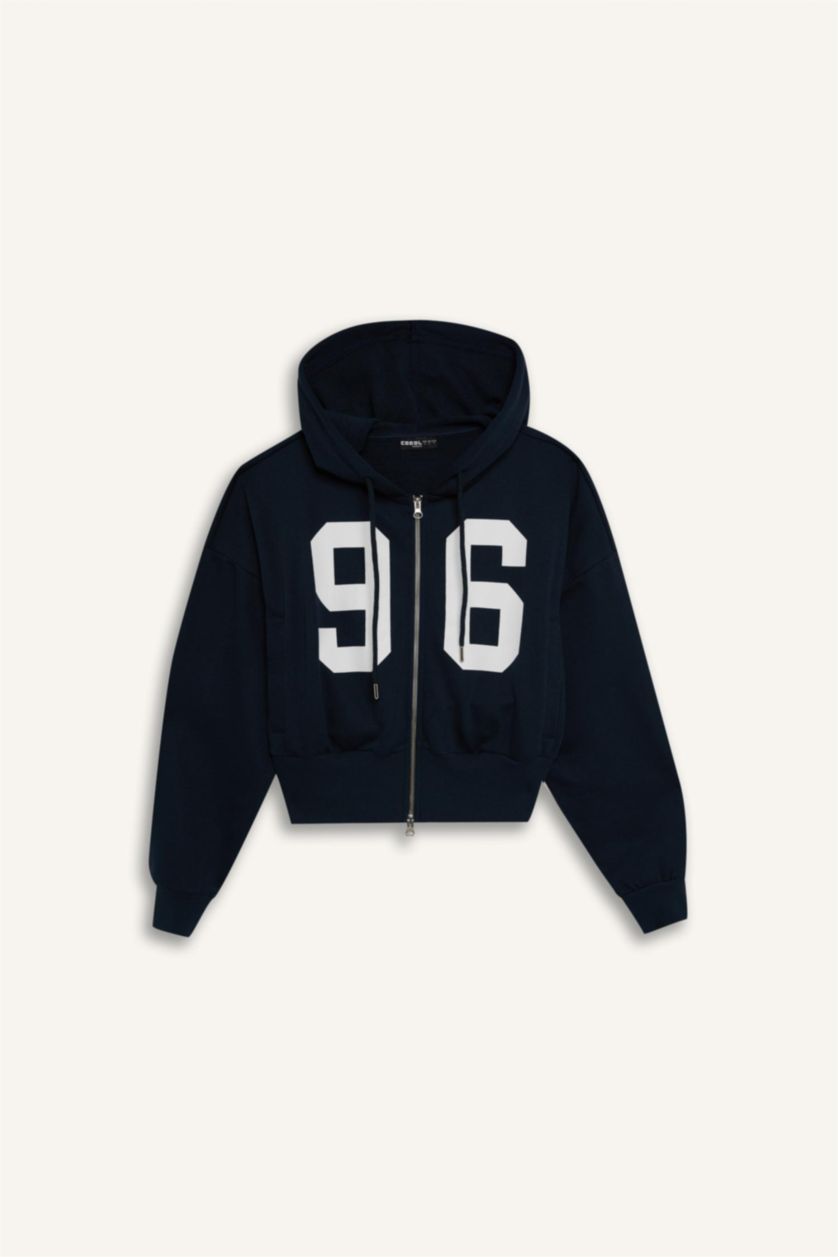 Kadın Lacivert Oversize Geniş Kalıp Kapüşonlu Baskılı Kalın Fermuarlı Sweatshirt