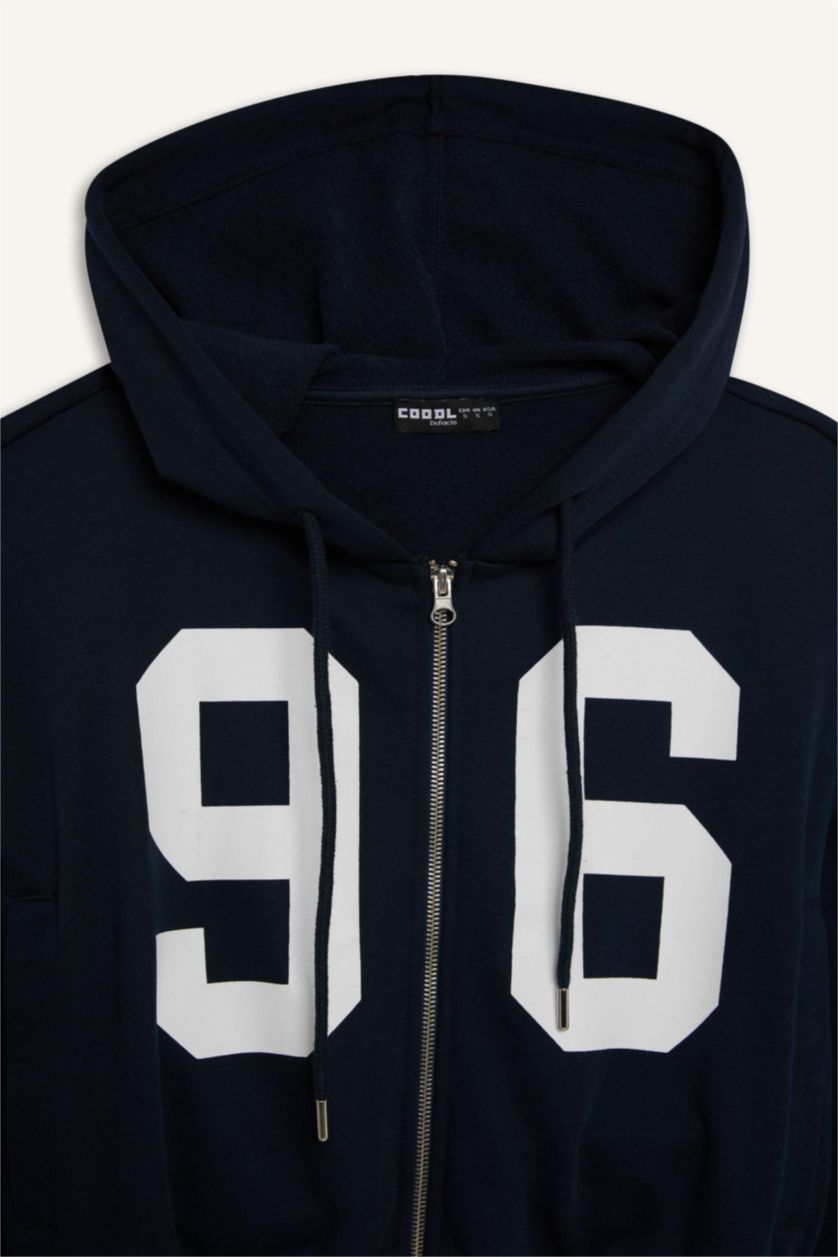 Kadın Lacivert Oversize Geniş Kalıp Kapüşonlu Baskılı Kalın Fermuarlı Sweatshirt