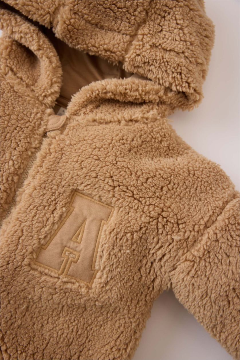 Erkek Bebek Camel Erkek Bebek Kapüşonlu Baskılı Fermuarlı Pelüş Hırka