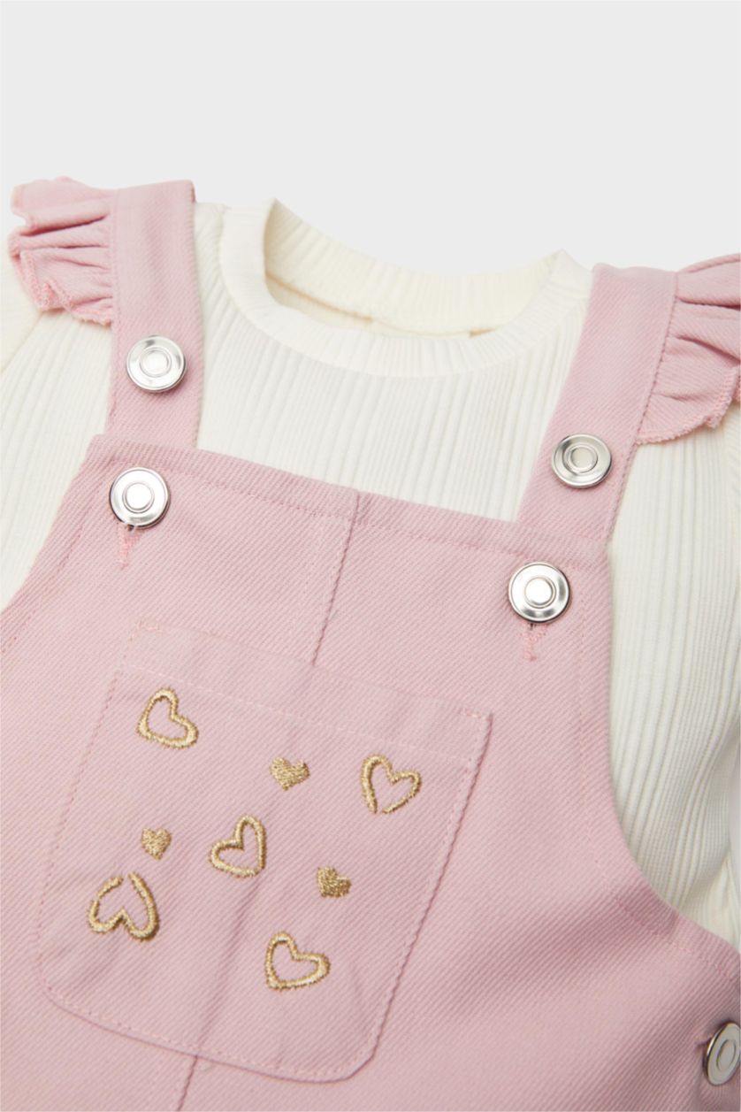 Kız Bebek Pembe 2'li Takım Kısa Kollu Tişört Ayarlanabilir Askılı Salopet Elbise Kız Bebek