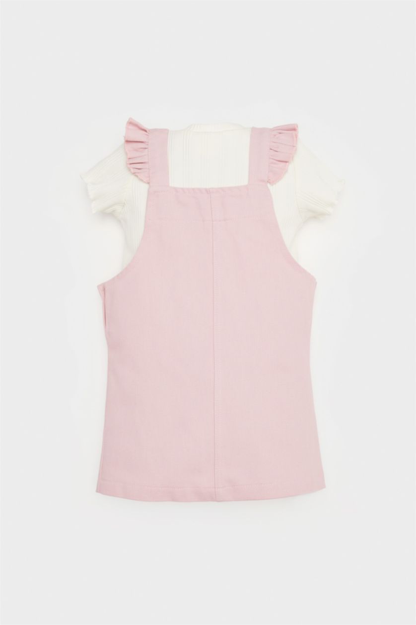 Kız Bebek Pembe 2'li Takım Kısa Kollu Tişört Ayarlanabilir Askılı Salopet Elbise Kız Bebek