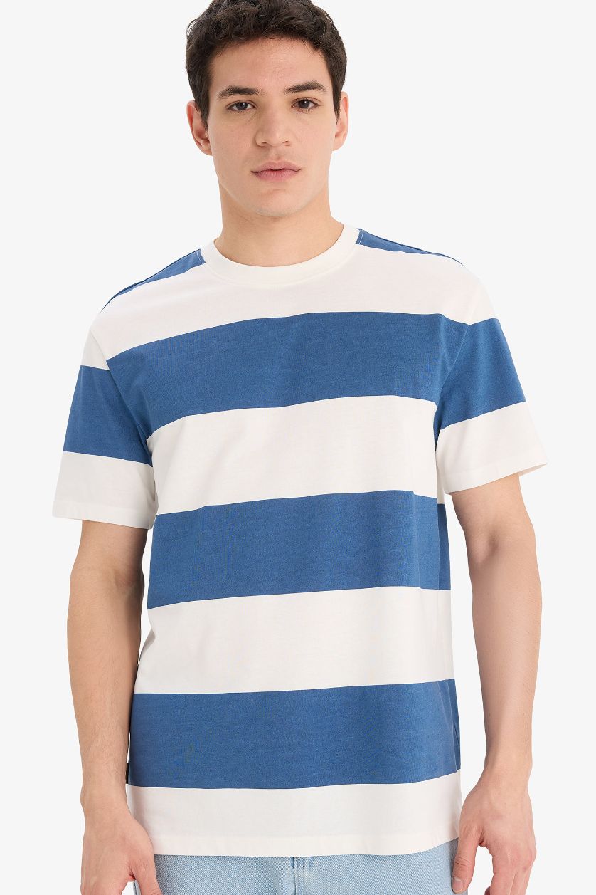 MAN Blue Cotton Regular Fit Crew Neck Striped T-Shirt
