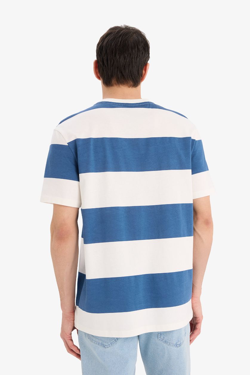 MAN Blue Cotton Regular Fit Crew Neck Striped T-Shirt