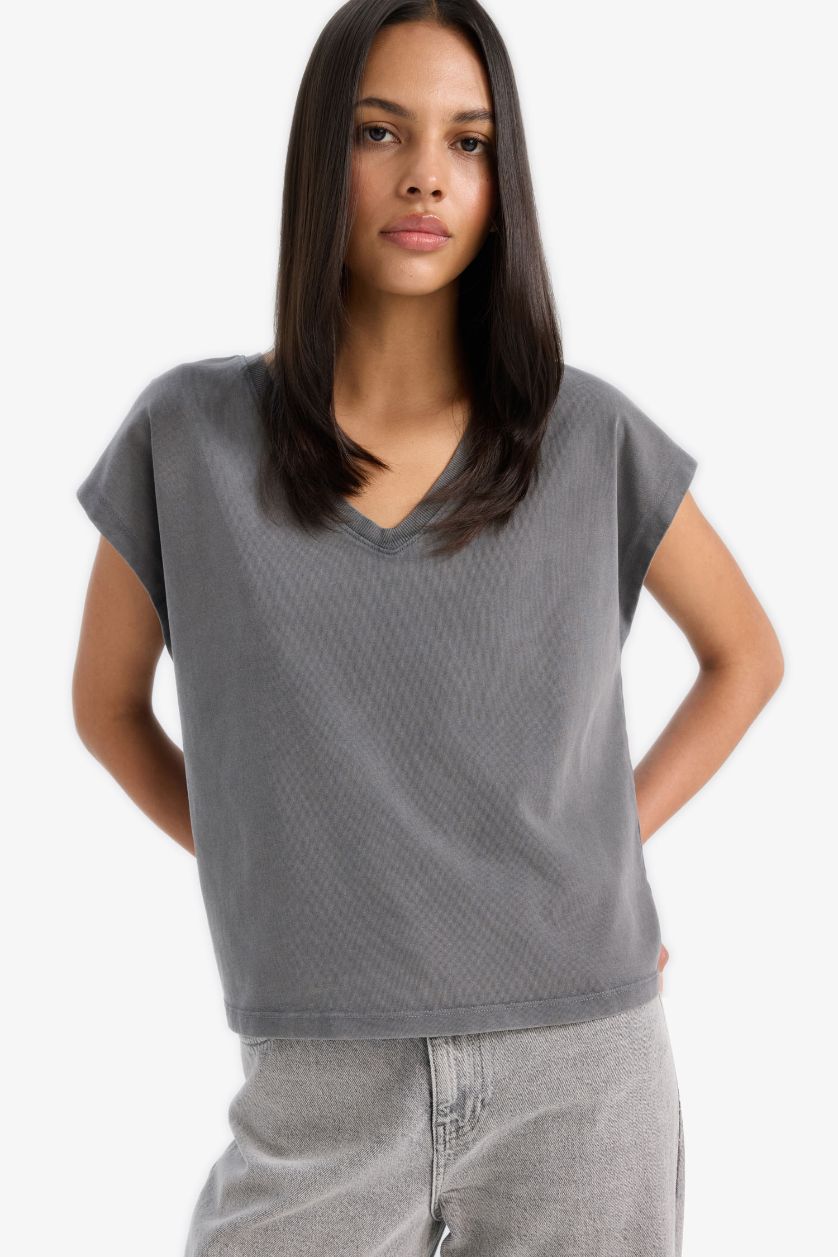 Woman Anthracite Regular Fit V Neck Basic Premium T-Shirt