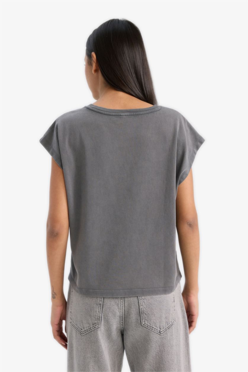 Woman Anthracite Regular Fit V Neck Basic Premium T-Shirt