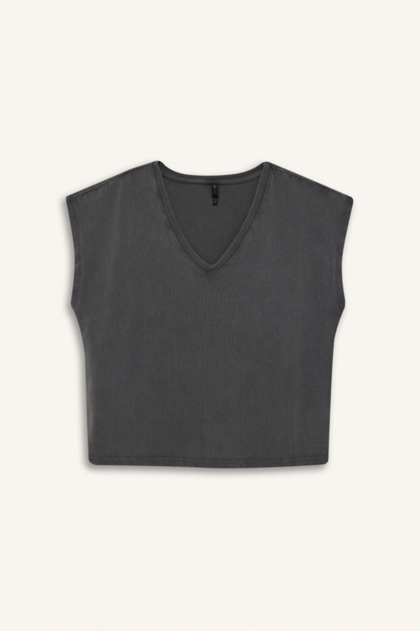 Woman Anthracite Regular Fit V Neck Basic Premium T-Shirt