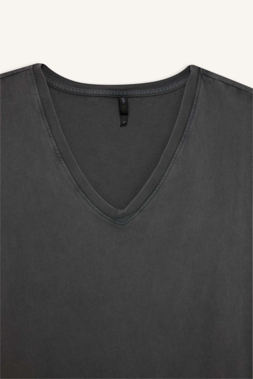 Woman Anthracite Regular Fit V Neck Basic Premium T-Shirt