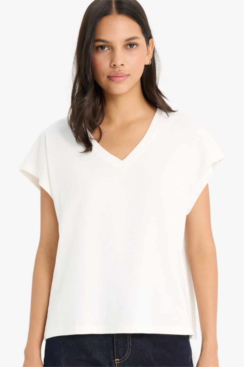 Kadın Ekru 	Regular Fit V Yaka Basic Düz Premium Kolsuz Tişört